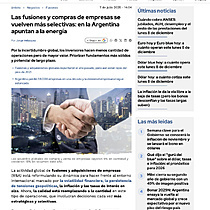 Las fusiones y compras de empresas se vuelven m�s selectivas: en la Argentina apuntan a la energ�a